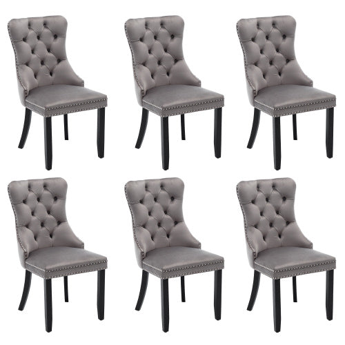 Modern Set of 6 Upholstered Velvet Dining Chairs – Tufted, Riveted Trim & Knocker Ring, Brushed Wood Legs