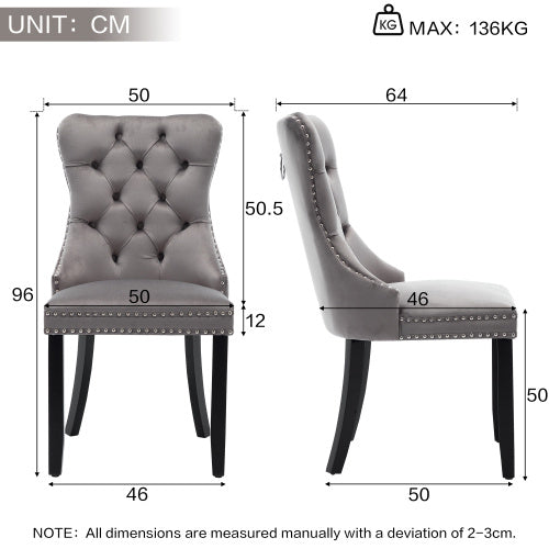 Modern Set of 6 Upholstered Velvet Dining Chairs – Tufted, Riveted Trim & Knocker Ring, Brushed Wood Legs