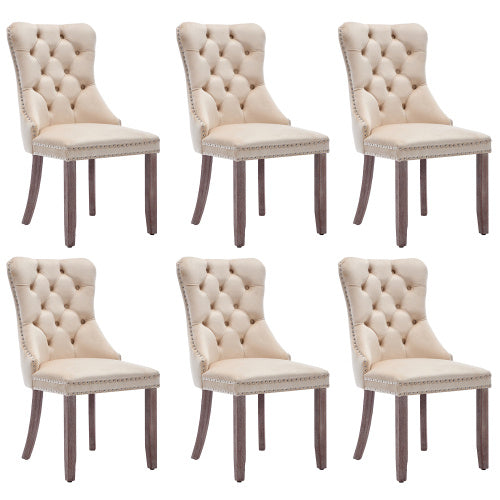 Modern Set of 6 Upholstered Velvet Dining Chairs – Tufted, Riveted Trim & Knocker Ring, Brushed Wood Legs