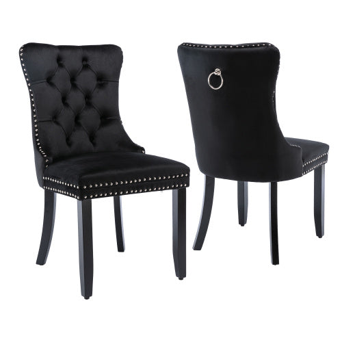 Modern Set of 6 Upholstered Velvet Dining Chairs – Tufted, Riveted Trim & Knocker Ring, Brushed Wood Legs