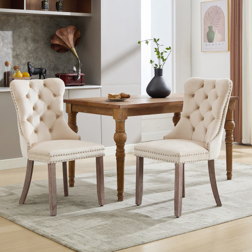 Modern Set of 6 Upholstered Velvet Dining Chairs – Tufted, Riveted Trim & Knocker Ring, Brushed Wood Legs