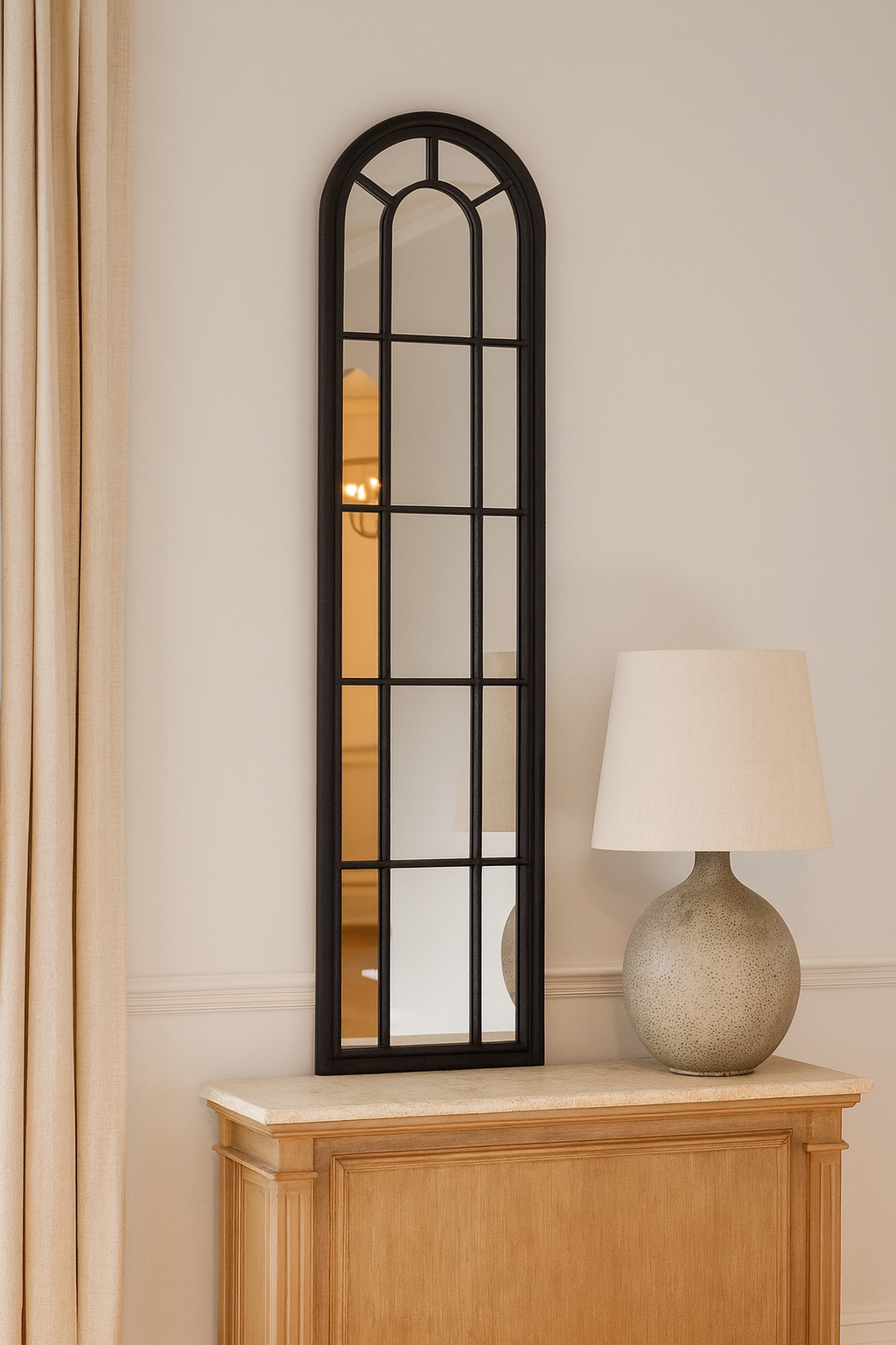 Black Wood Tall Arched Window Mirror – Designer Statement Wall Mirror UK