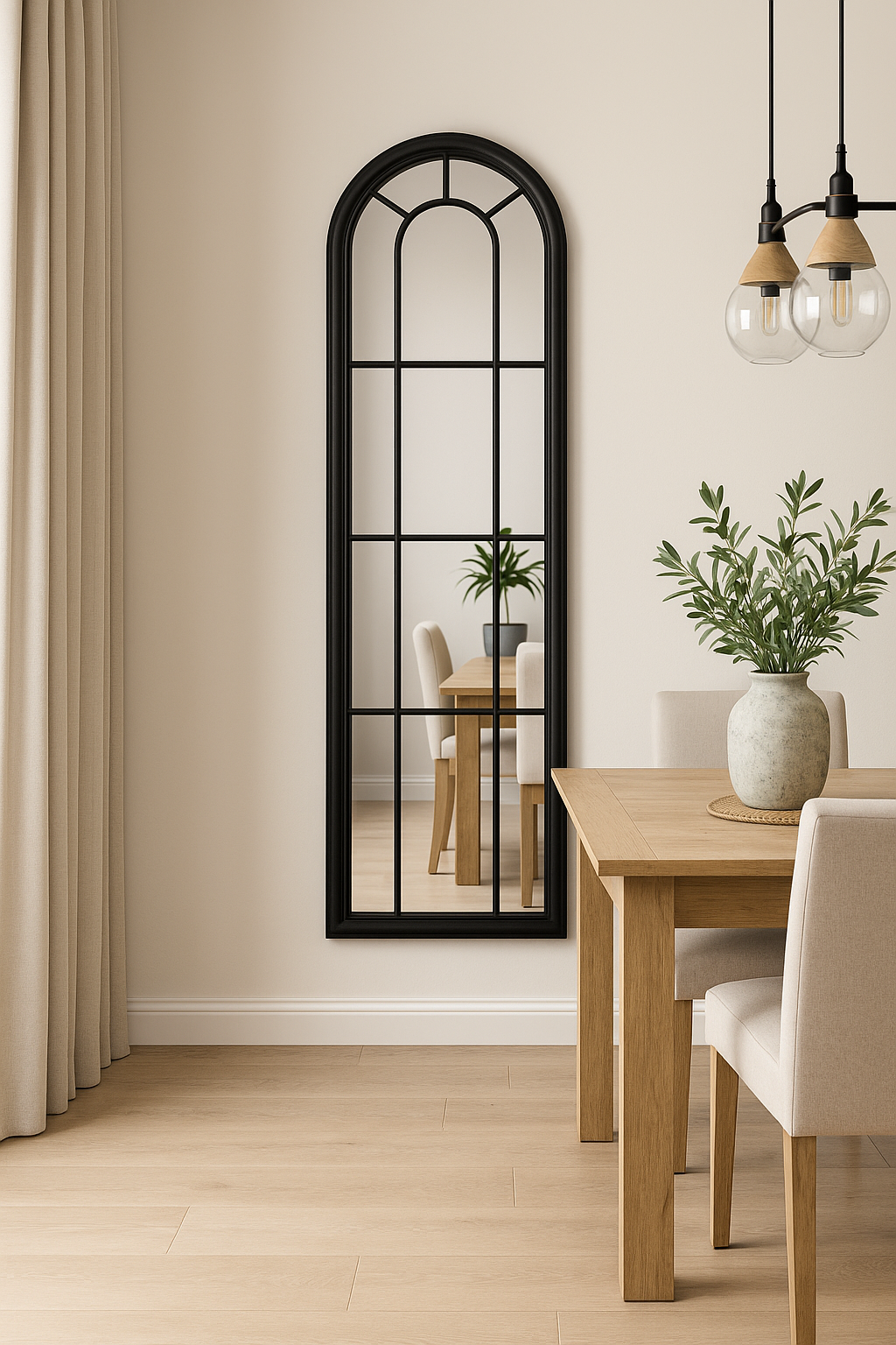 Black Wood Tall Arched Window Mirror – Designer Statement Wall Mirror UK