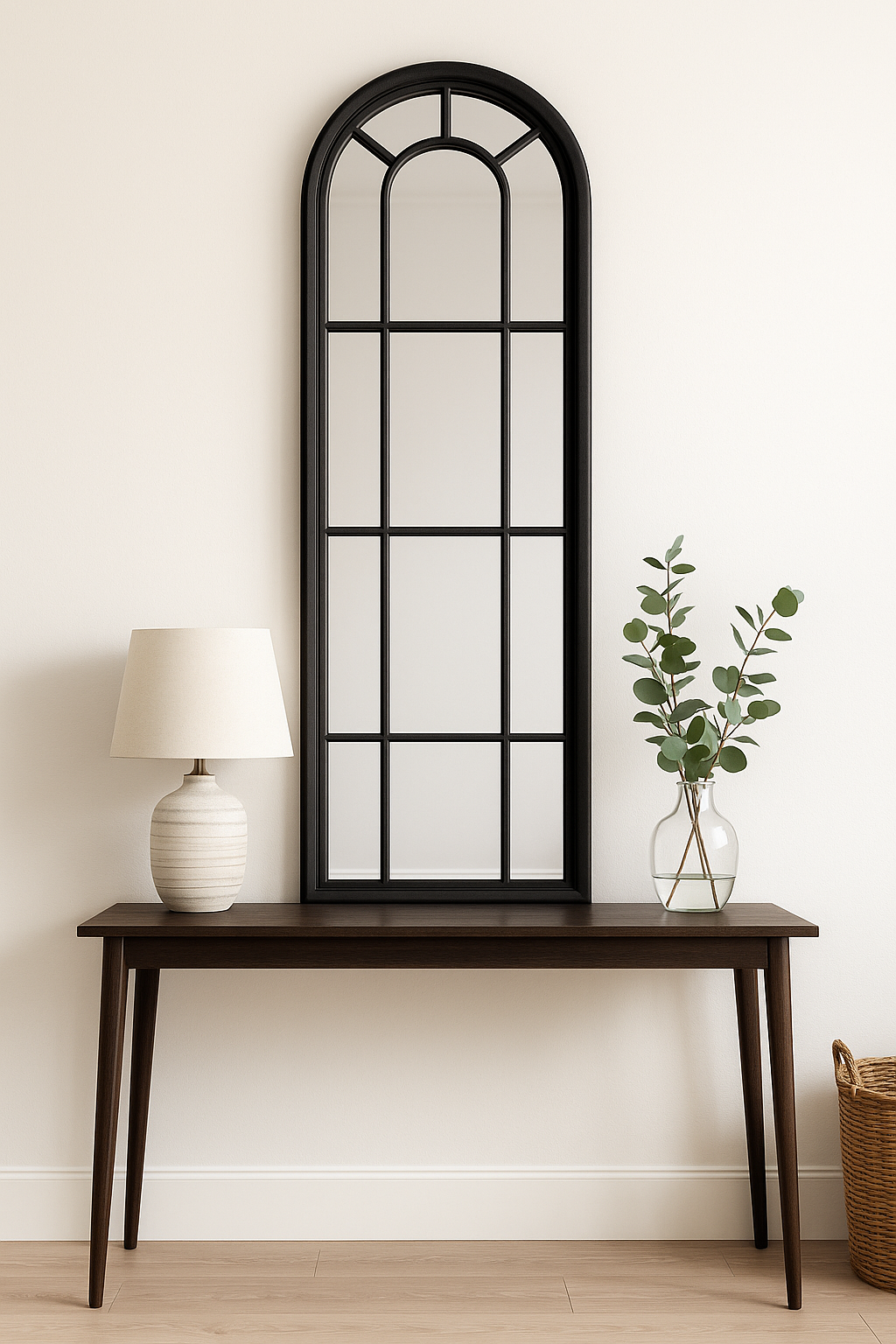 Black Wood Tall Arched Window Mirror – Designer Statement Wall Mirror UK