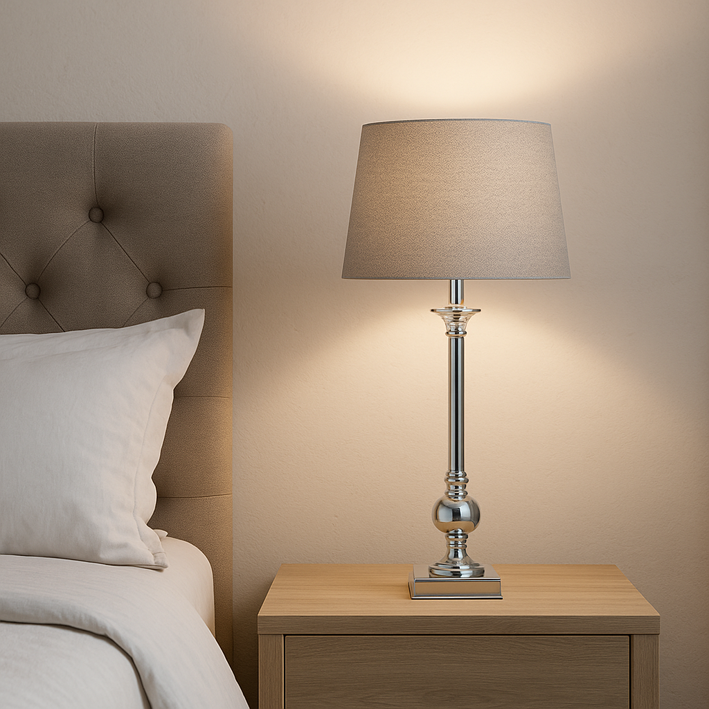 Milan Chrome Table Lamp with Grey Shade – Modern Designer Lighting UK