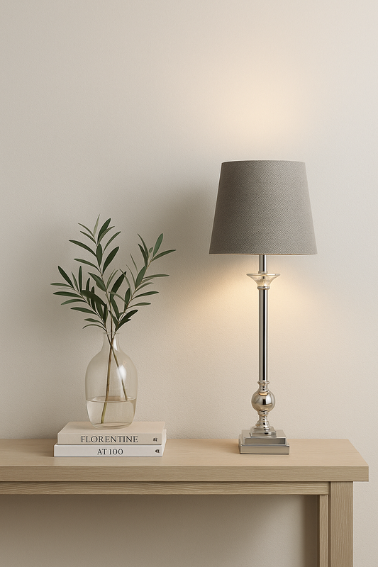 Milan Chrome Table Lamp with Grey Shade – Modern Designer Lighting UK