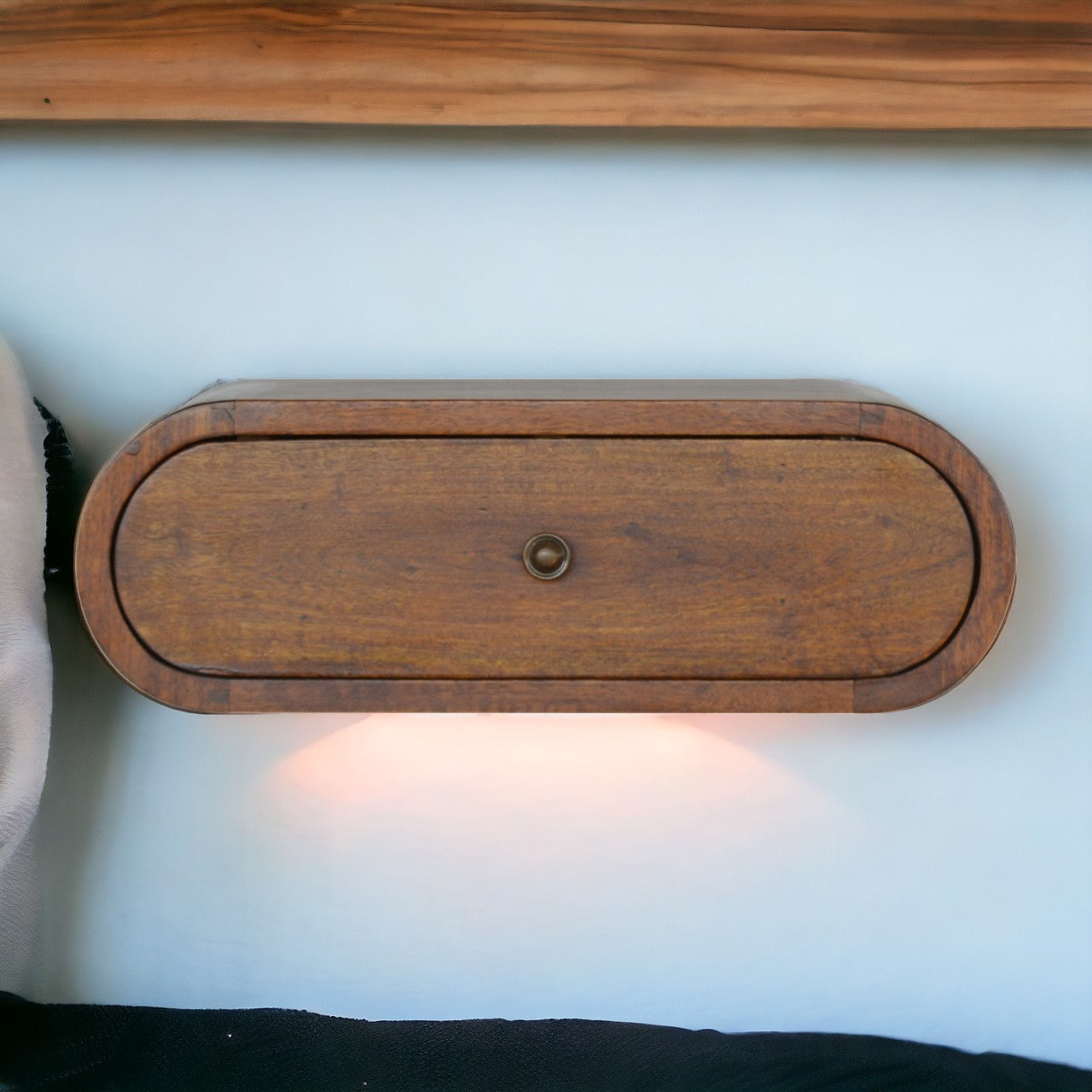 Wall Mounted Round Chestnut Bedside Table – Handcrafted Floating Wood Shelf | Iris Design Collective