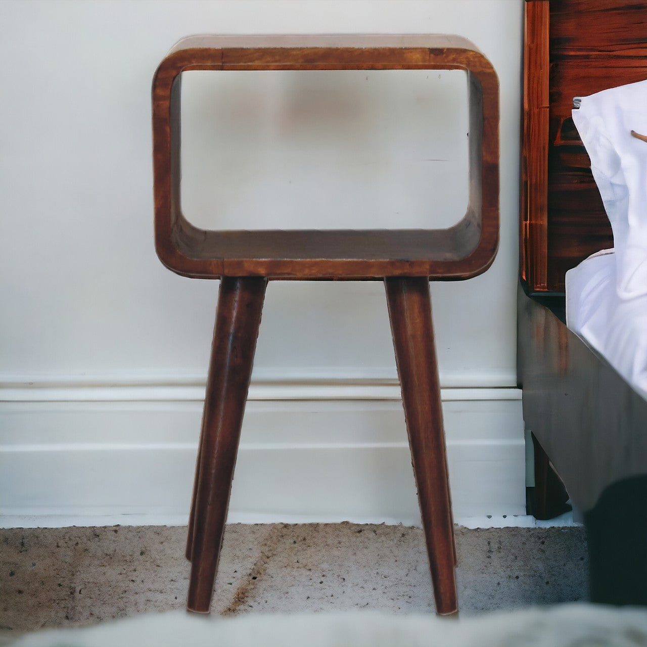 Mini Chestnut Curved Open Bedside Table – Handcrafted Solid Wood Furniture | Iris Design Collective