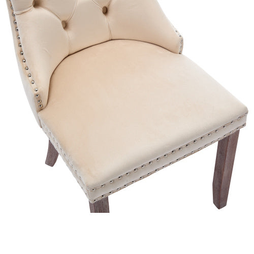 Modern Set of 6 Upholstered Velvet Dining Chairs – Tufted, Riveted Trim & Knocker Ring, Brushed Wood Legs
