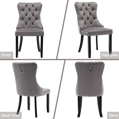 Modern Set of 6 Upholstered Velvet Dining Chairs – Tufted, Riveted Trim & Knocker Ring, Brushed Wood Legs