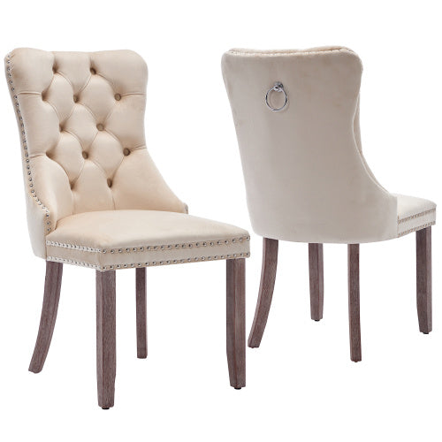 Modern Set of 6 Upholstered Velvet Dining Chairs – Tufted, Riveted Trim & Knocker Ring, Brushed Wood Legs