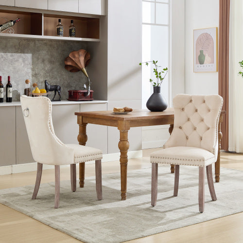Modern Set of 6 Upholstered Velvet Dining Chairs – Tufted, Riveted Trim & Knocker Ring, Brushed Wood Legs